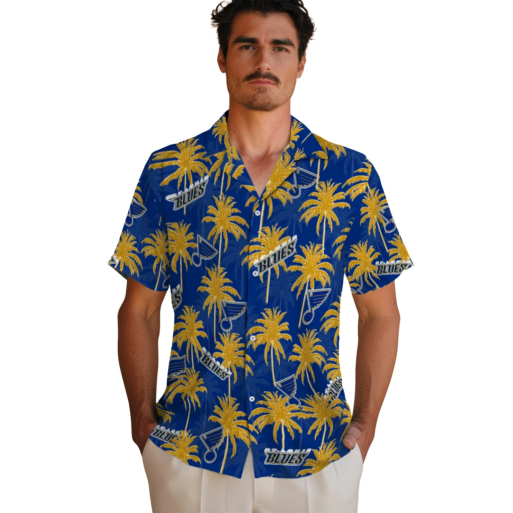 St. Louis Blues Hawaiian Shirt - Palm Tree Motif st louis blues palm grove blue hawaiian shirts fashion forward