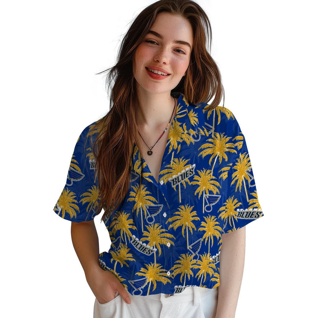 St. Louis Blues Hawaiian Shirt - Palm Tree Motif st louis blues palm grove blue hawaiian shirts latest model