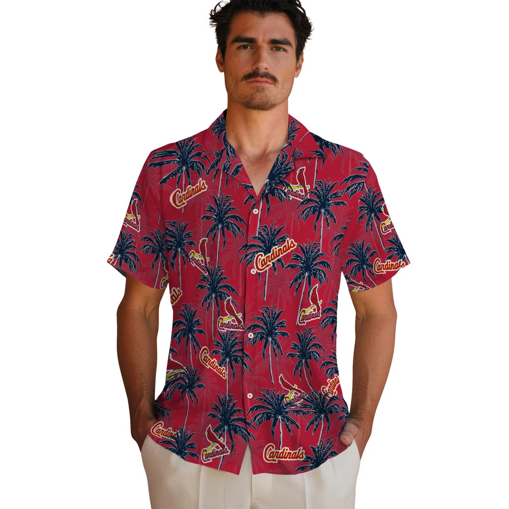 St. Louis Cardinals Hawaiian Shirt - Palm Tree Motif st louis cardinals palm grove red hawaiian shirts fashion forward