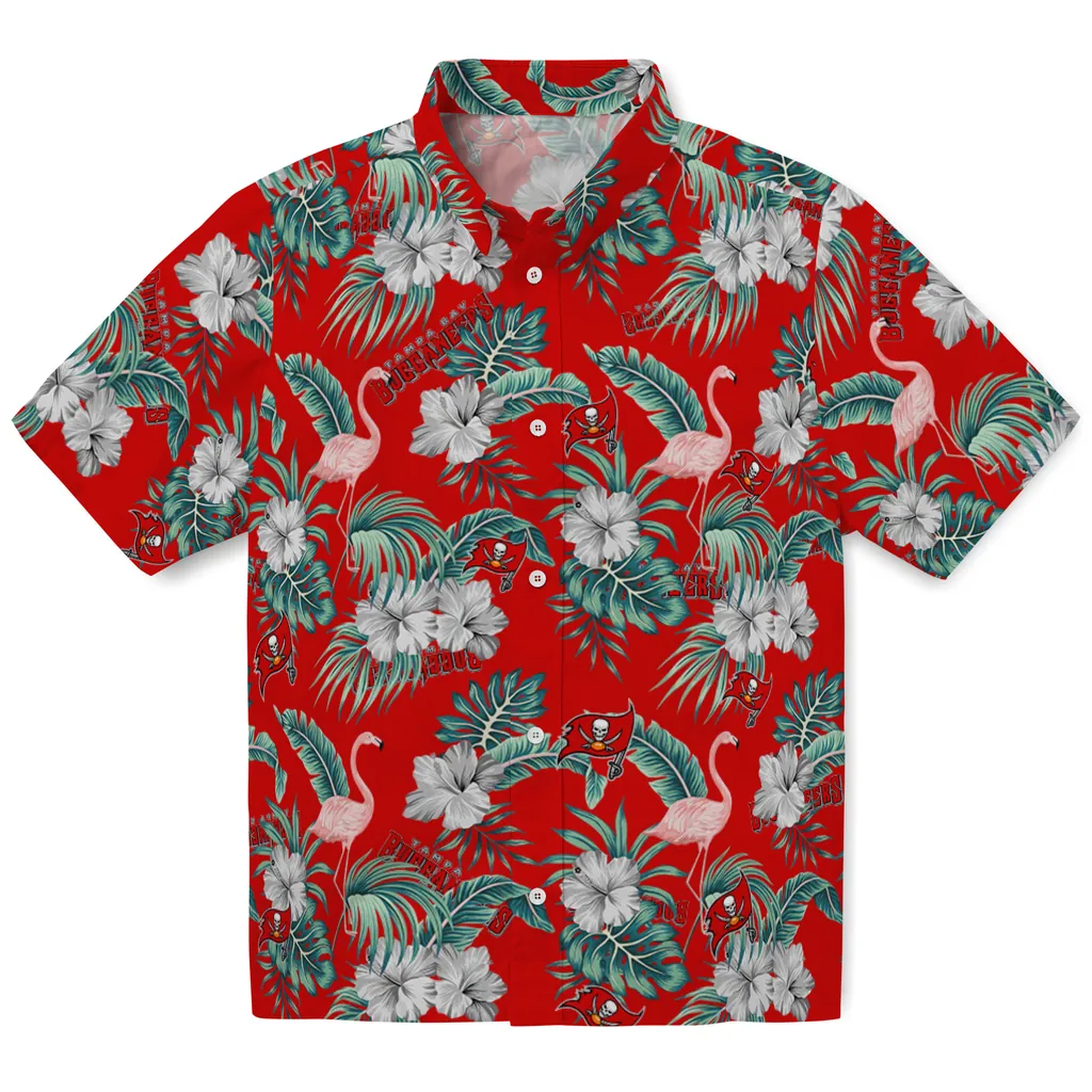Tampa Bay Buccaneers Hawaiian Shirt - Flamingo and Hibiscus tampa bay buccaneers flamingo palms red hawaiian shirts best selling