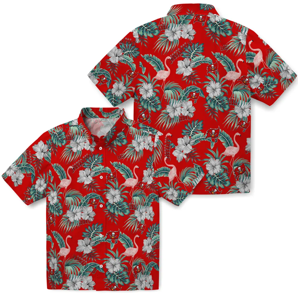 Tampa Bay Buccaneers Hawaiian Shirt - Flamingo and Hibiscus tampa bay buccaneers flamingo palms red hawaiian shirts high quality
