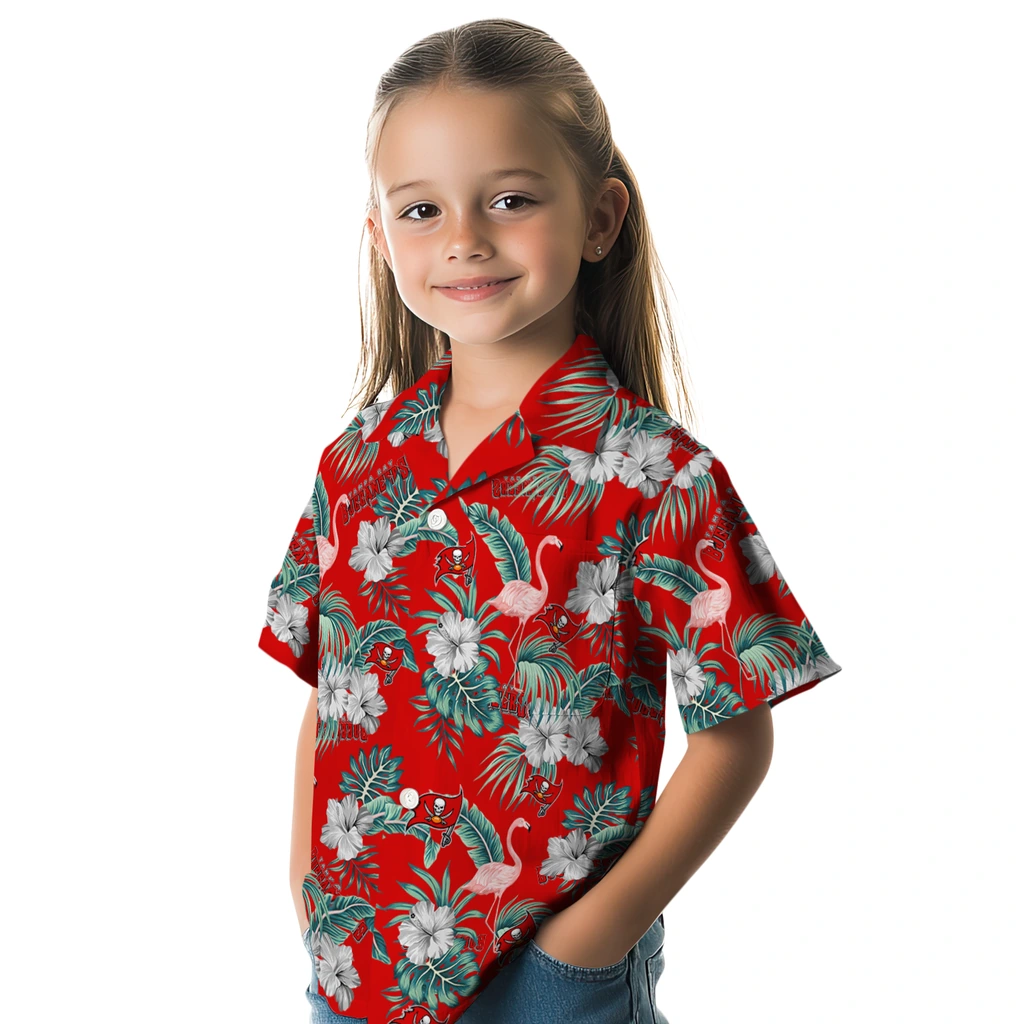 Tampa Bay Buccaneers Hawaiian Shirt - Flamingo and Hibiscus tampa bay buccaneers flamingo palms red hawaiian shirts premium grade