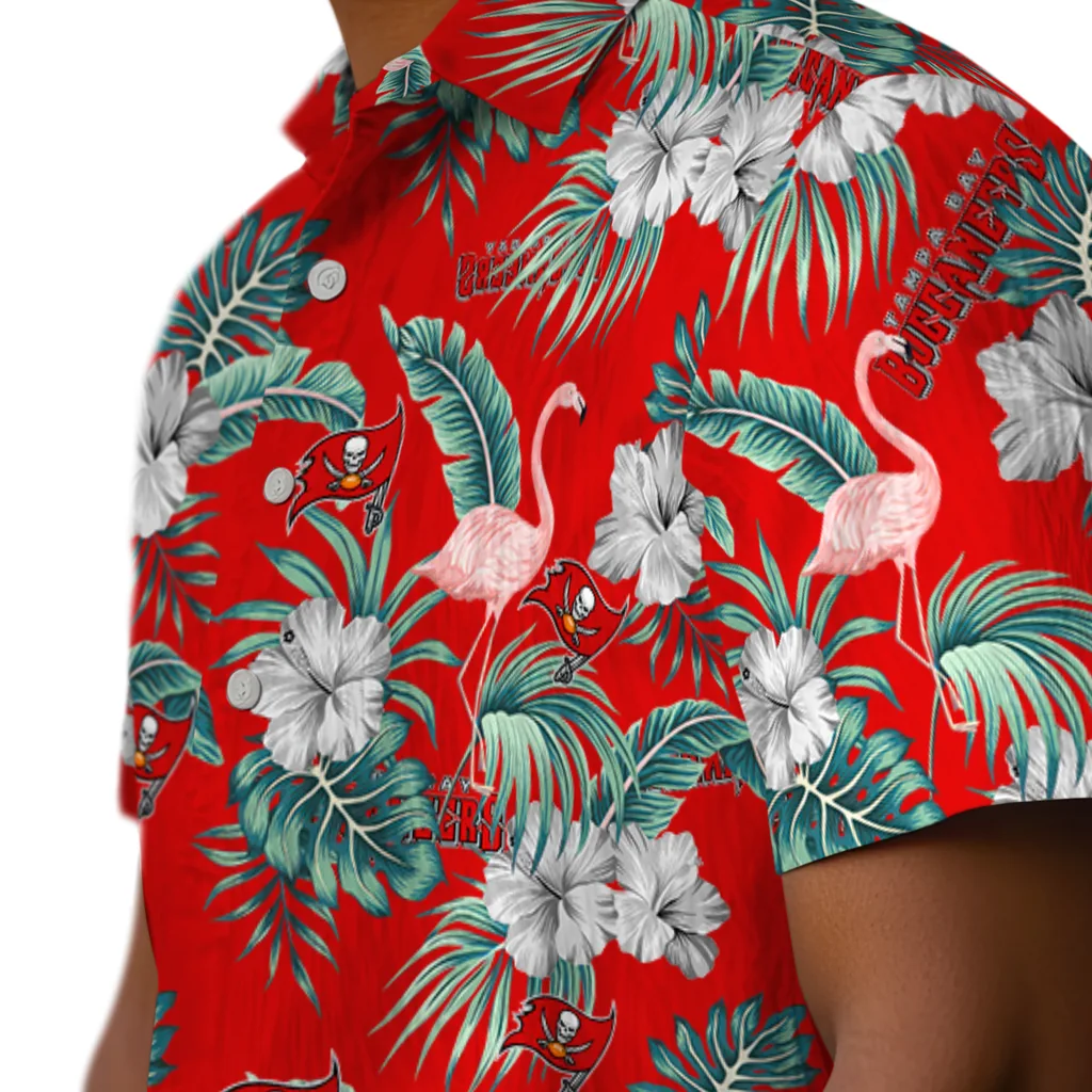 Tampa Bay Buccaneers Hawaiian Shirt - Flamingo and Hibiscus tampa bay buccaneers flamingo palms red hawaiian shirts trendy