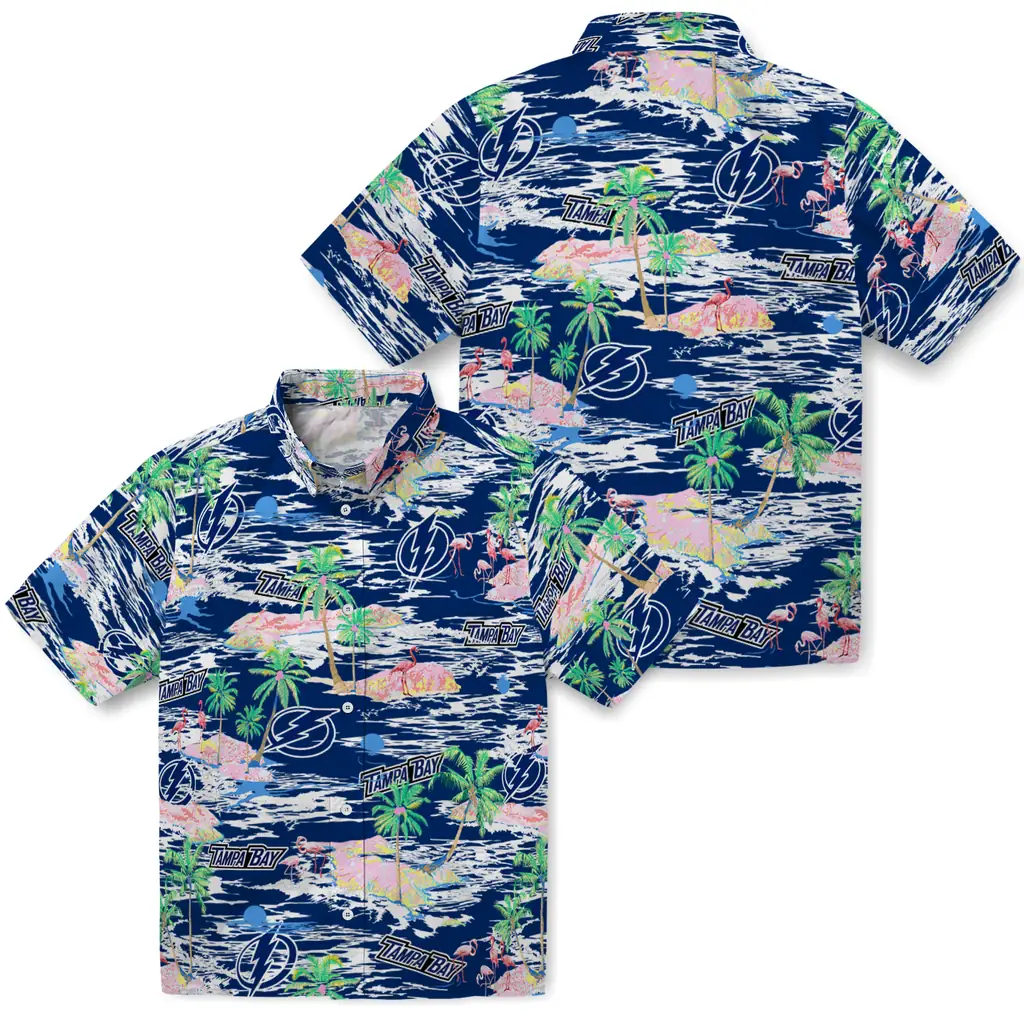 Tampa Bay Lightning Hawaiian Shirt - Hawaii Island tampa bay lightning flamingo retreat blue hawaiian shirts high quality