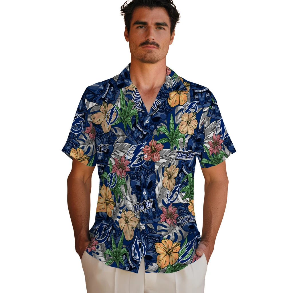Tampa Bay Lightning Hawaiian Shirt - Hibiscus Tiki Jungle tampa bay lightning tiki jungle blue hawaiian shirts fashion forward