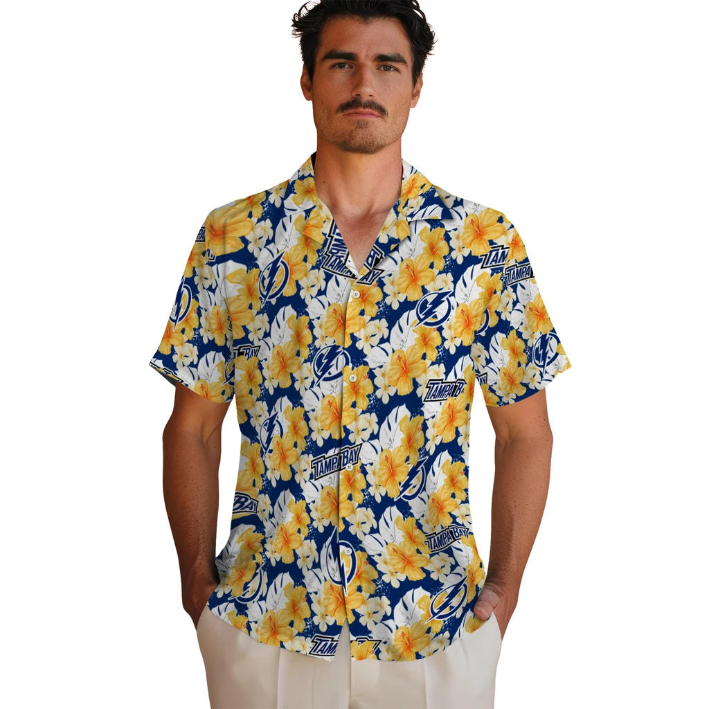 Tampa Bay Lightning Hawaiian Shirt - Hibiscus Tropics tampa bay lightning hibiscus tropics blue yellow hawaiian shirts fashion forward