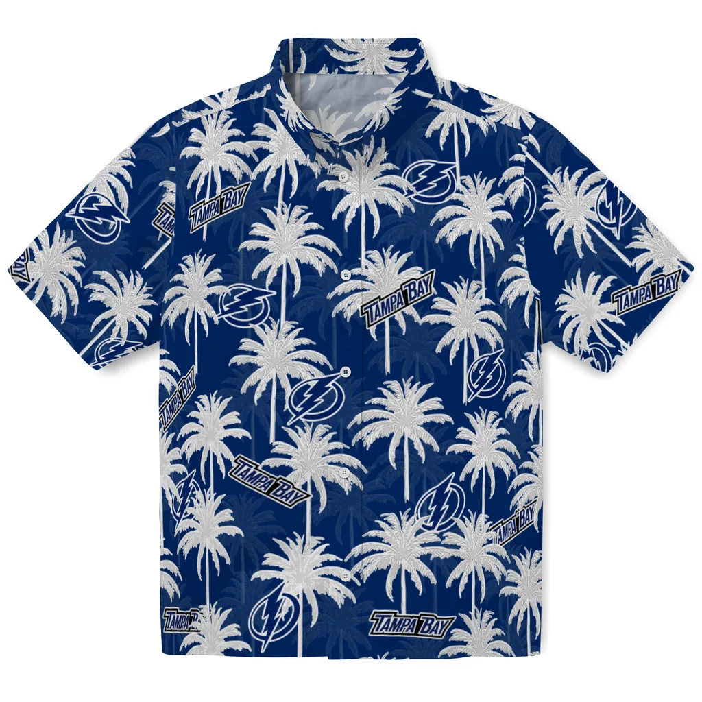 Tampa Bay Lightning Hawaiian Shirt - Palm Tree Motif tampa bay lightning palm grove blue hawaiian shirts best selling