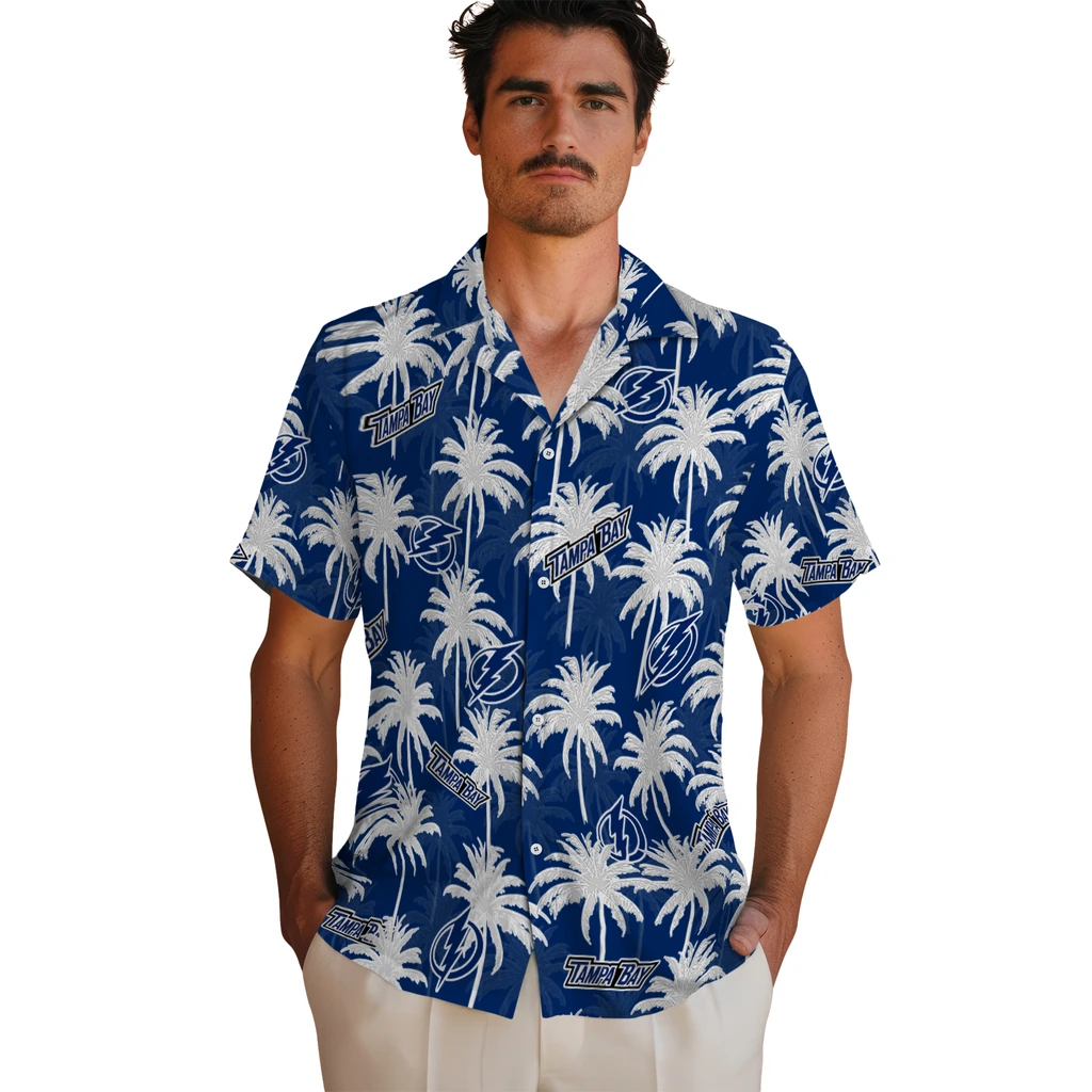 Tampa Bay Lightning Hawaiian Shirt - Palm Tree Motif tampa bay lightning palm grove blue hawaiian shirts fashion forward