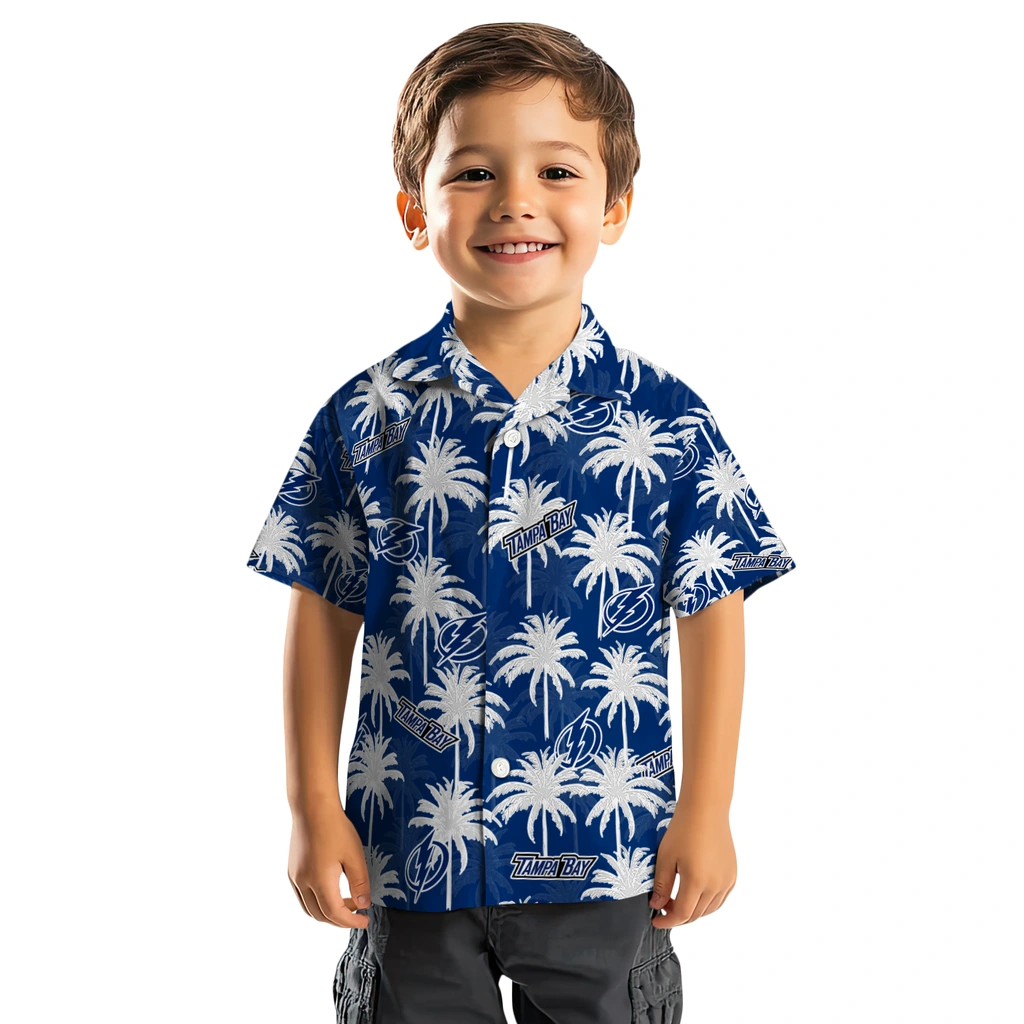 Tampa Bay Lightning Hawaiian Shirt - Palm Tree Motif tampa bay lightning palm grove blue hawaiian shirts top rated