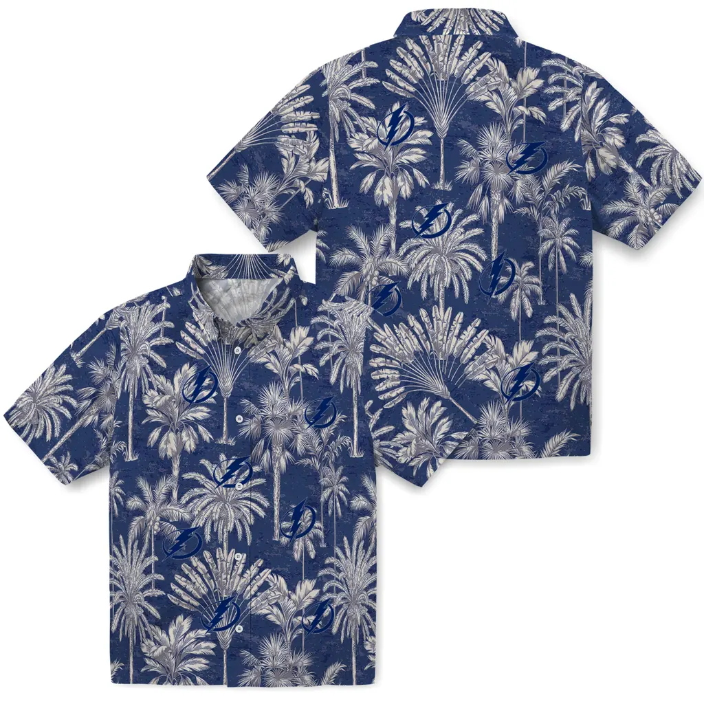 Tampa Bay Lightning Hawaiian Shirt - Vintage Palm Tree tampa bay lightning palm shadows blue hawaiian shirts high quality