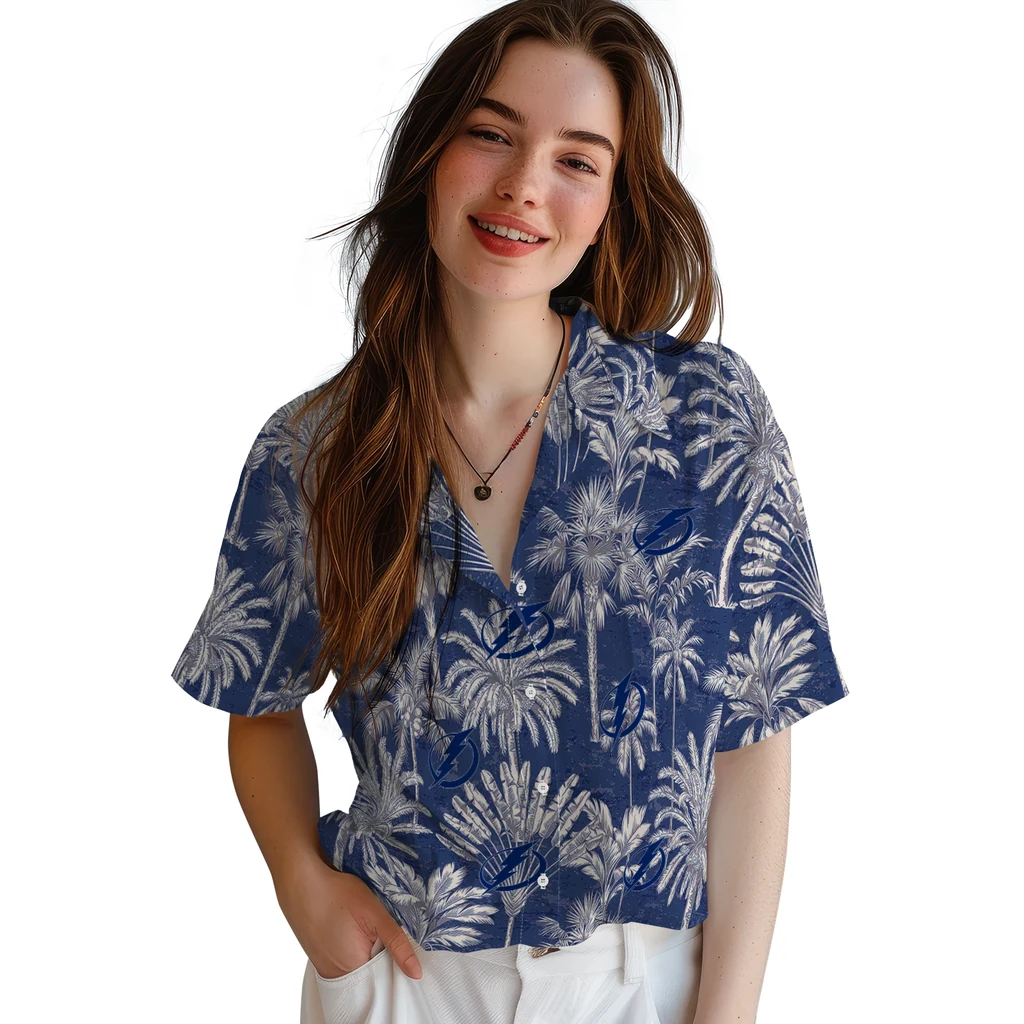 Tampa Bay Lightning Hawaiian Shirt - Vintage Palm Tree tampa bay lightning palm shadows blue hawaiian shirts latest model