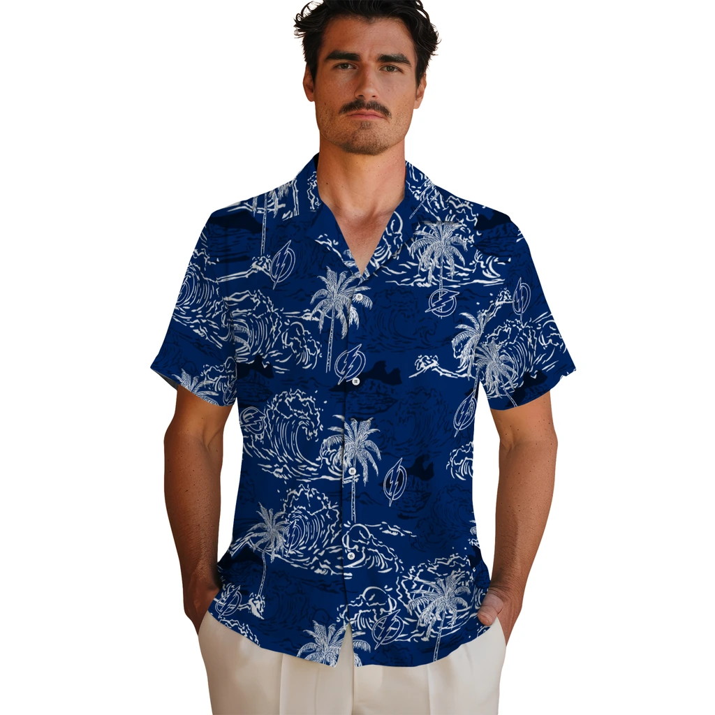 Tampa Bay Lightning Hawaiian Shirt - Wave Palm tampa bay lightning wave palm blue hawaiian shirts fashion forward