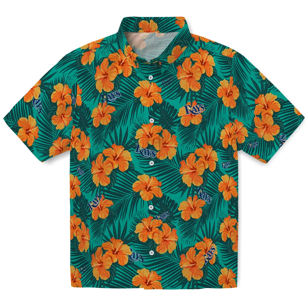 Tampa Bay Rays Hawaiian Shirt - Hibiscus and Palm Leaves tampa bay rays hibiscus escape green hawaiian shirts best selling
