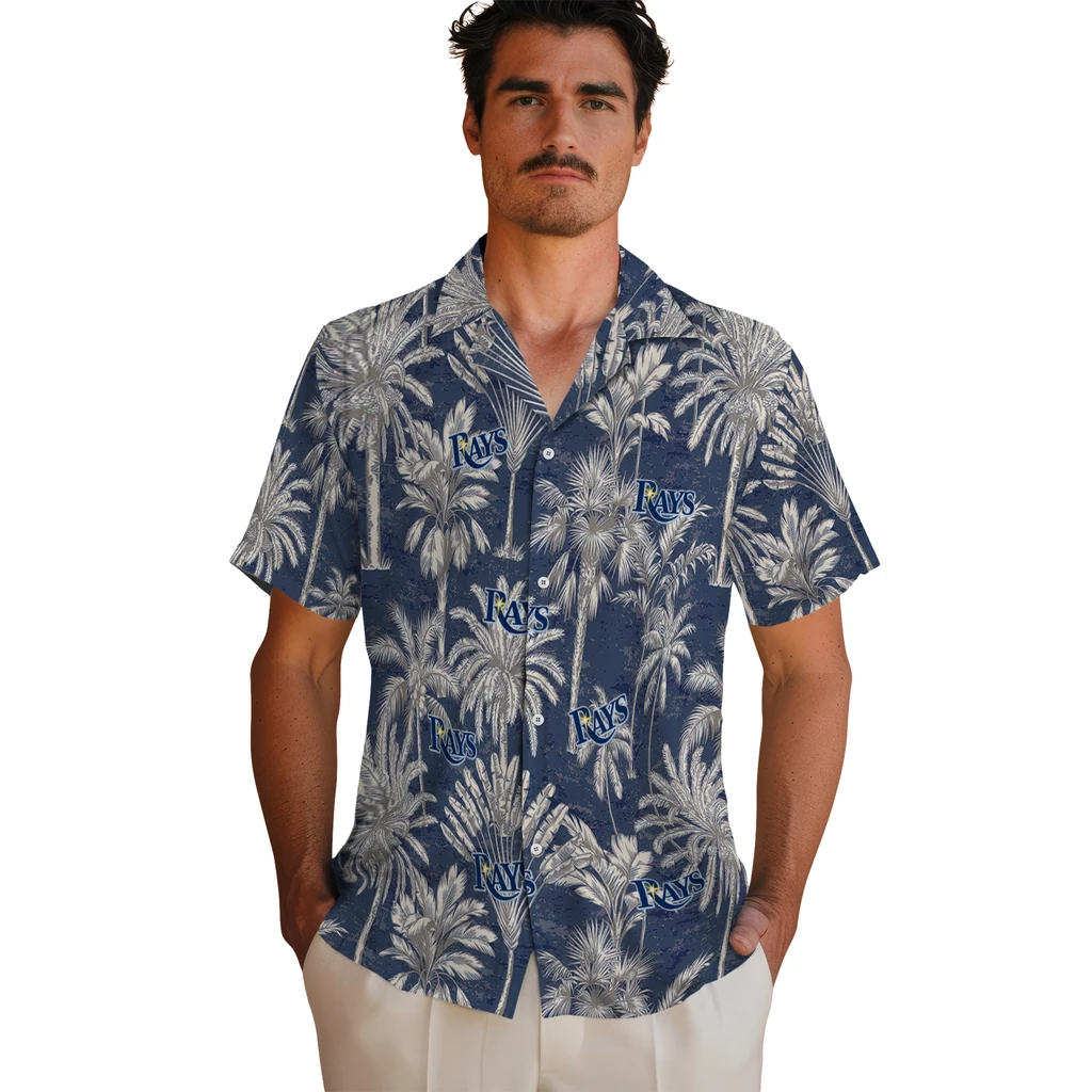 Tampa Bay Rays Hawaiian Shirt - Vintage Palm Tree tampa bay rays palm shadows navy hawaiian shirts fashion forward