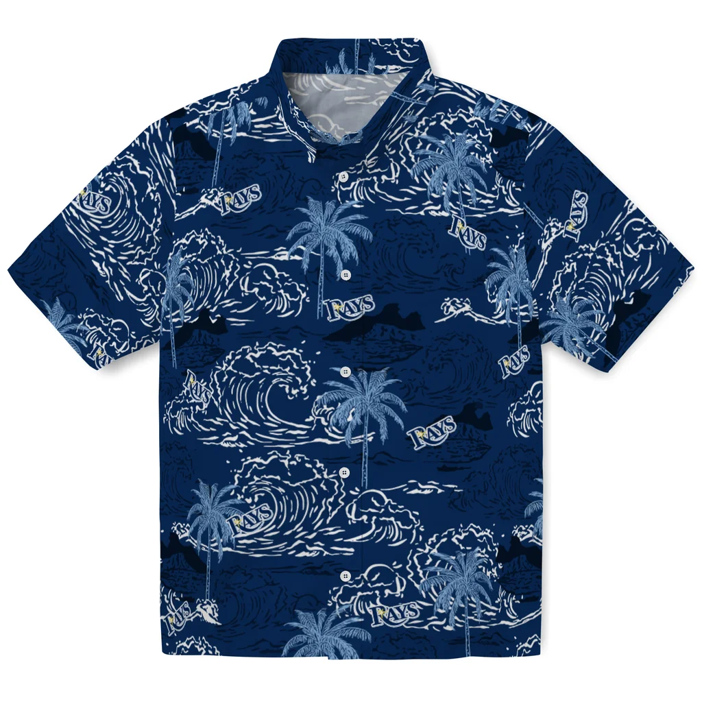 Tampa Bay Rays Hawaiian Shirt - Wave Palm tampa bay rays wave palm navy hawaiian shirts best selling