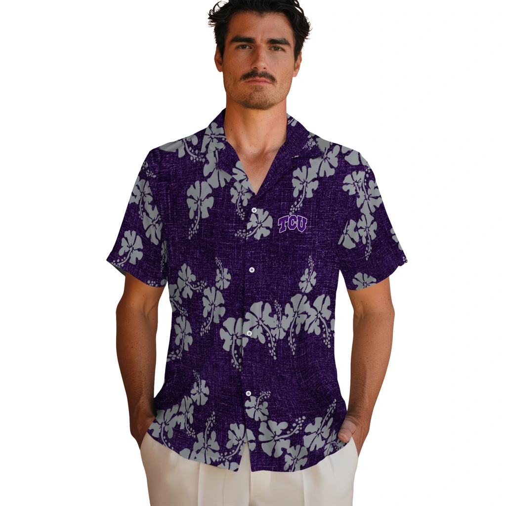 TCU Horned Frogs Hawaiian Shirt - 50th State Flower tcu horned frogs hibiscus petals purple hawaiian shirts fashion forward