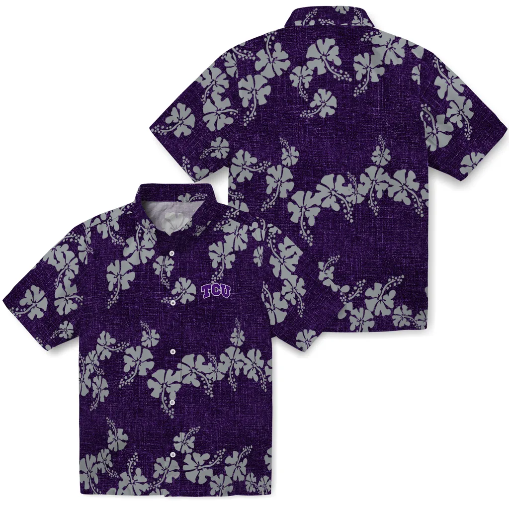 TCU Horned Frogs Hawaiian Shirt - 50th State Flower tcu horned frogs hibiscus petals purple hawaiian shirts high quality