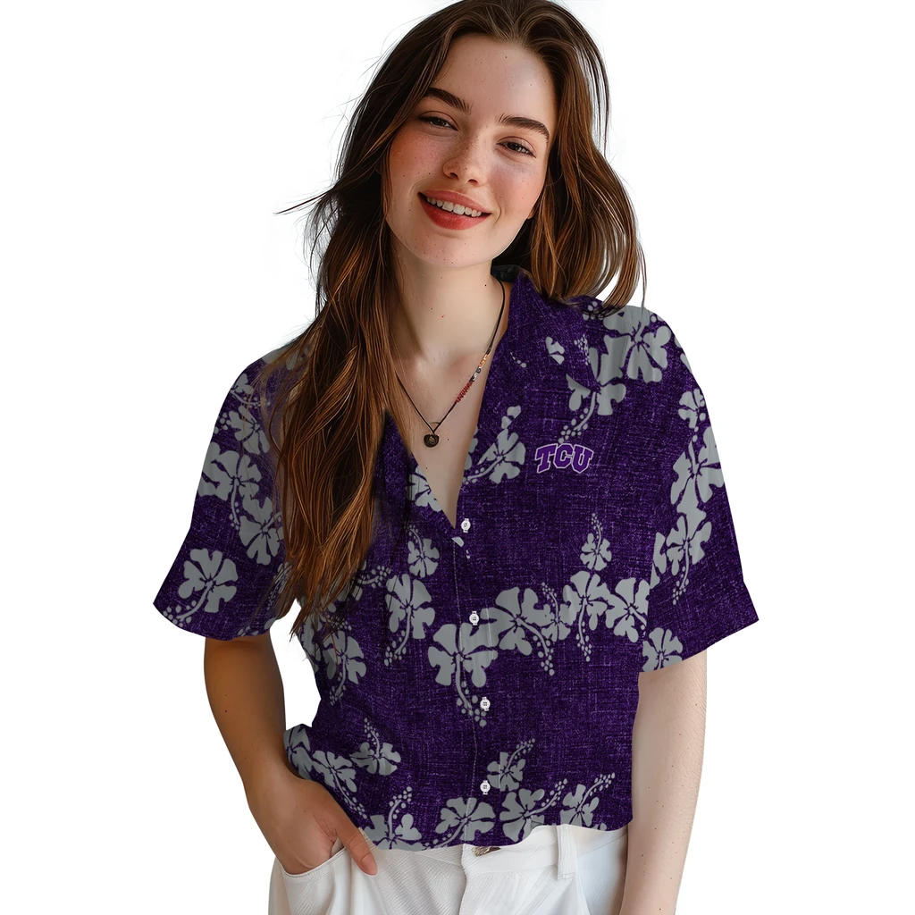 TCU Horned Frogs Hawaiian Shirt - 50th State Flower tcu horned frogs hibiscus petals purple hawaiian shirts latest model