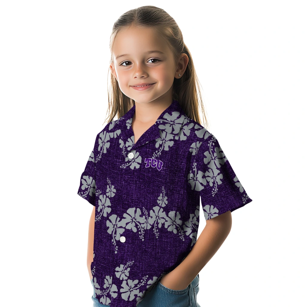 TCU Horned Frogs Hawaiian Shirt - 50th State Flower tcu horned frogs hibiscus petals purple hawaiian shirts premium grade