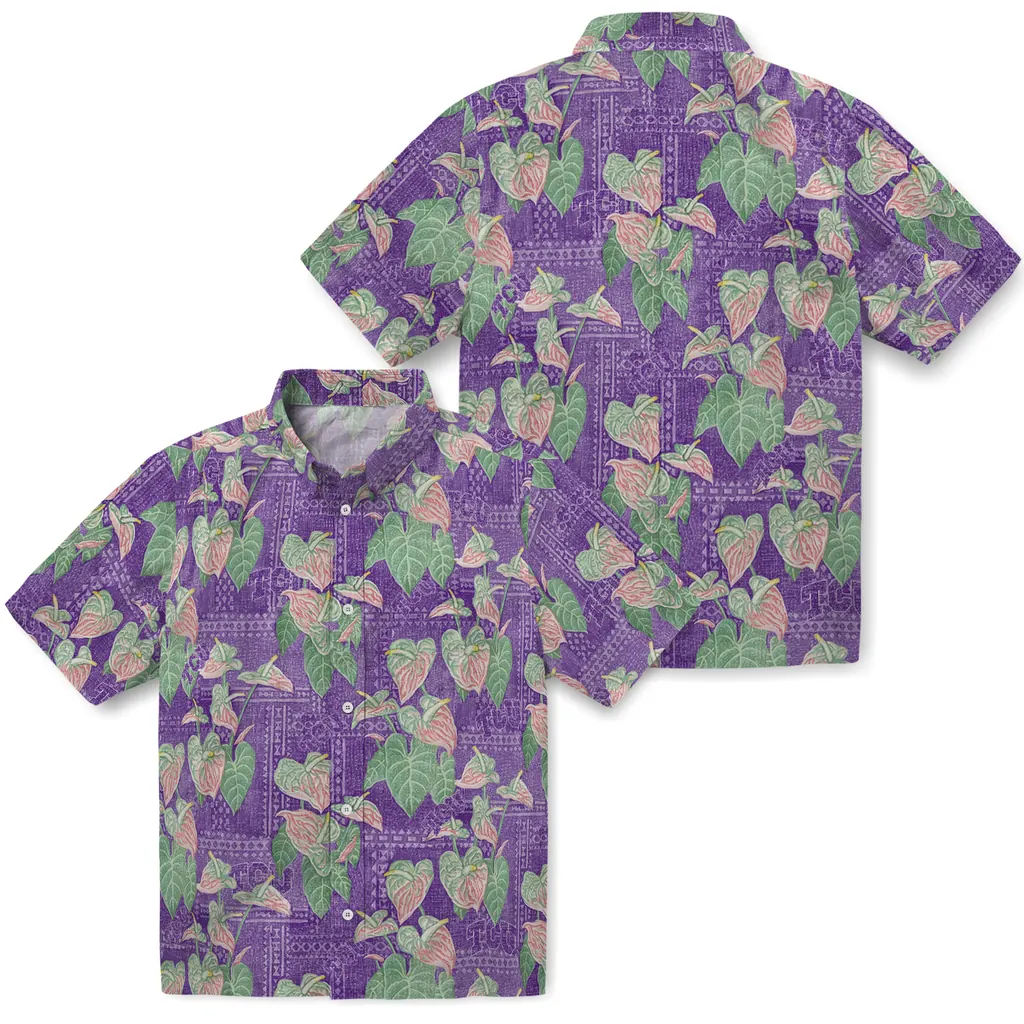 TCU Horned Frogs Hawaiian Shirt - Anthurium Overlay tcu horned frogs anthurium overlay purple hawaiian shirts high quality