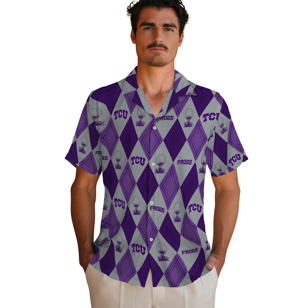 TCU Horned Frogs Hawaiian Shirt - Golfing Plaid tcu horned frogs balloon plaid purple hawaiian shirts fashion forward