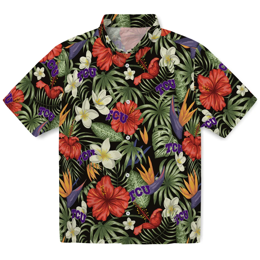 TCU Horned Frogs Hawaiian Shirt - Hawaii Floral Hibiscus tcu horned frogs hibiscus bird hawaiian shirts best selling