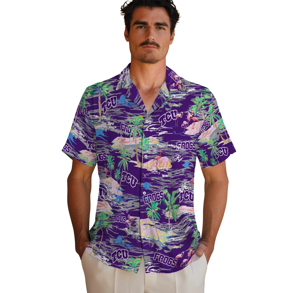 TCU Horned Frogs Hawaiian Shirt - Hawaii Island tcu horned frogs flamingo retreat purple hawaiian shirts fashion forward