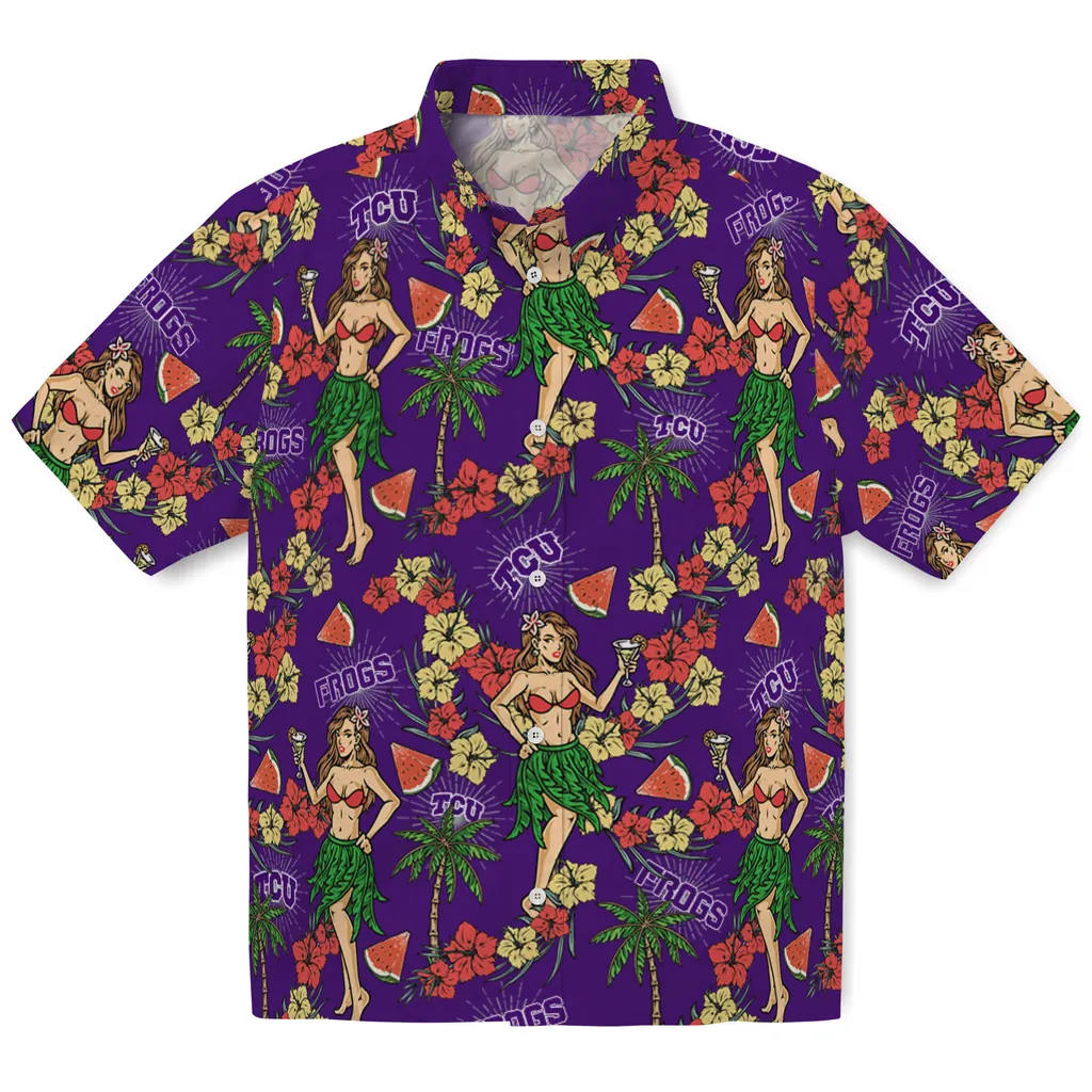 TCU Horned Frogs Hawaiian Shirt - Hawaiian Girls Design tcu horned frogs hawaiian girls design purple hawaiian shirts best selling