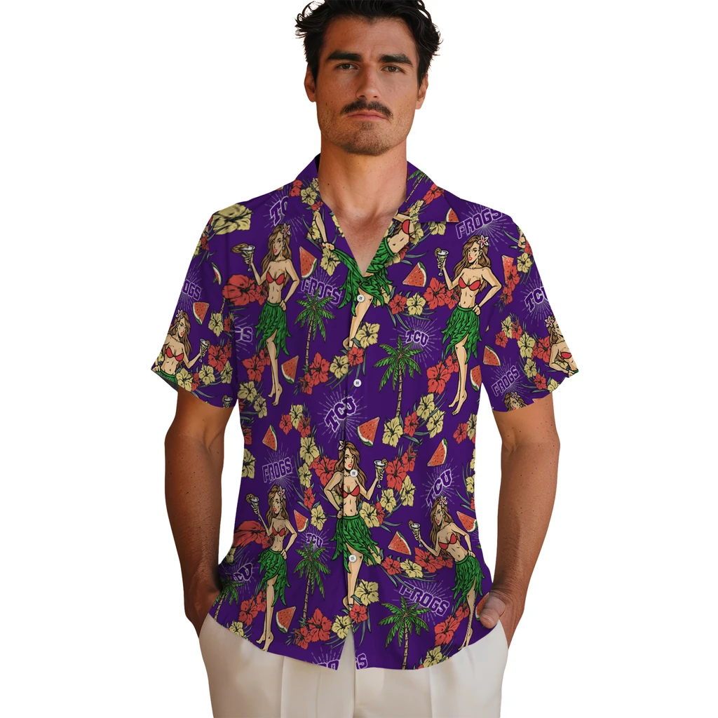 TCU Horned Frogs Hawaiian Shirt - Hawaiian Girls Design tcu horned frogs hawaiian girls design purple hawaiian shirts fashion forward