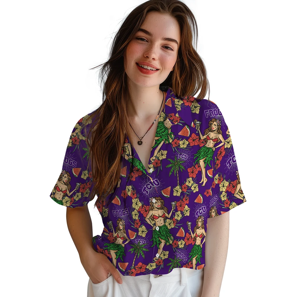 TCU Horned Frogs Hawaiian Shirt - Hawaiian Girls Design tcu horned frogs hawaiian girls design purple hawaiian shirts latest model
