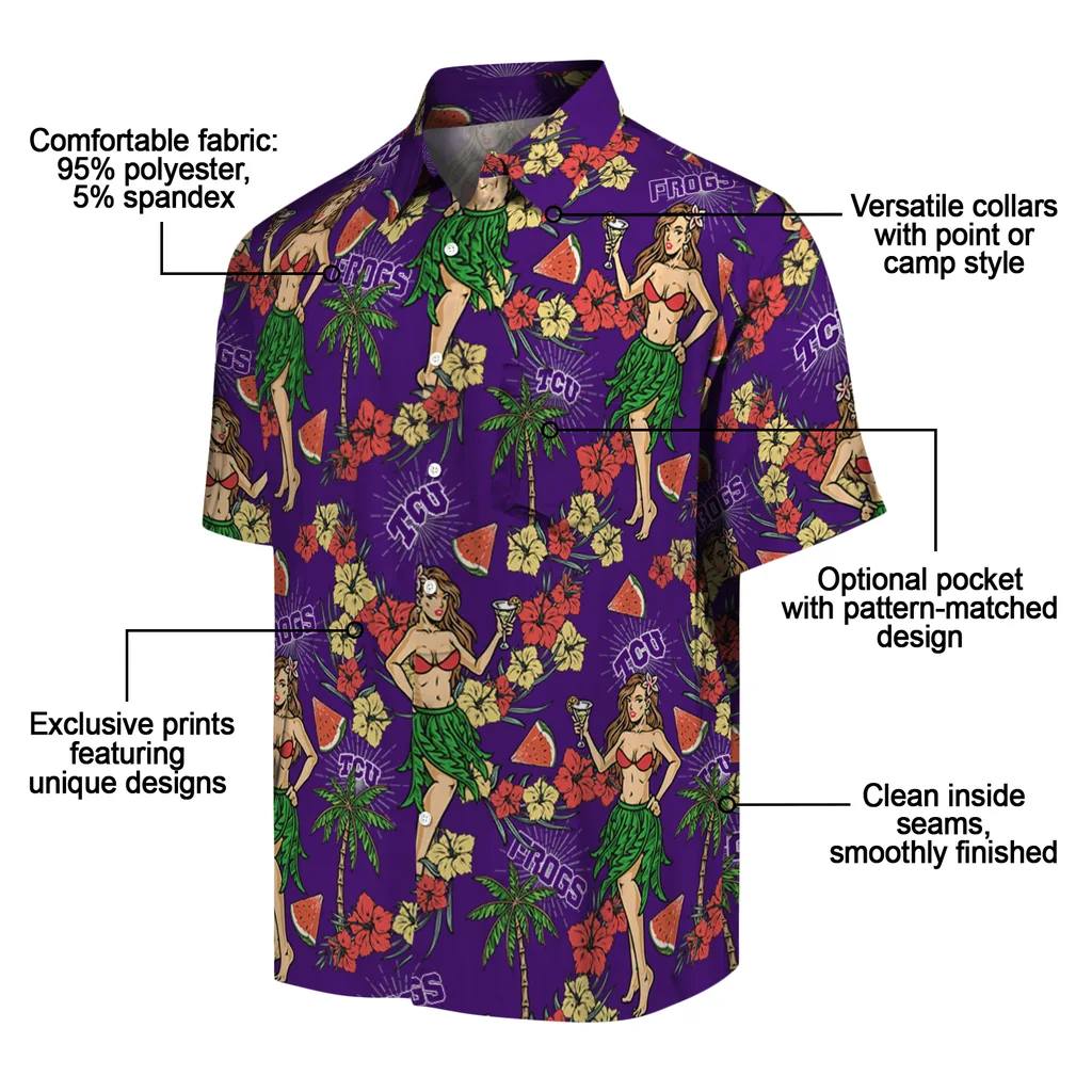 TCU Horned Frogs Hawaiian Shirt - Hawaiian Girls Design tcu horned frogs hawaiian girls design purple hawaiian shirts new arrival