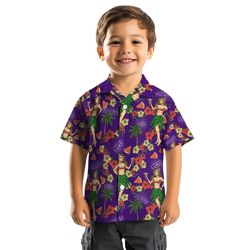 TCU Horned Frogs Hawaiian Shirt - Hawaiian Girls Design tcu horned frogs hawaiian girls design purple hawaiian shirts top rated