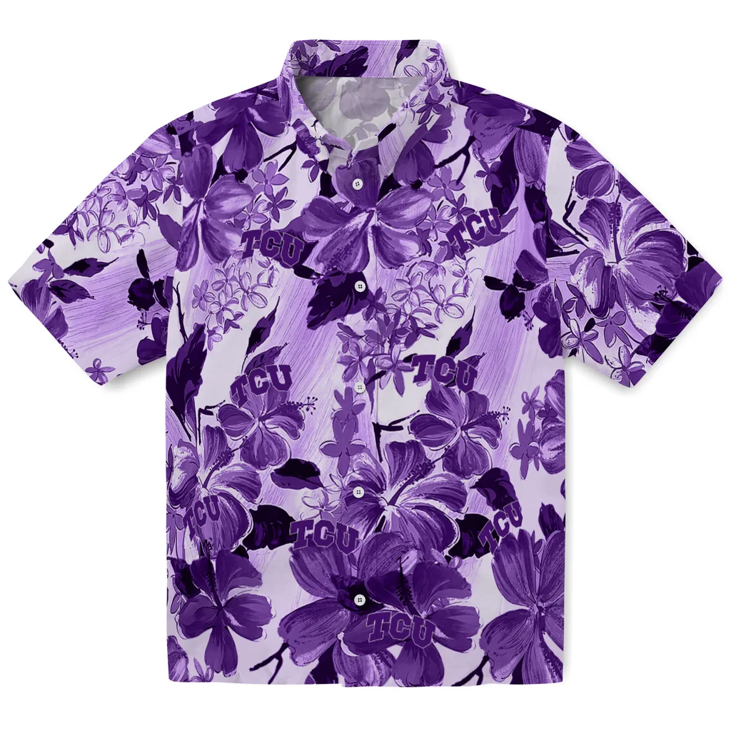 TCU Horned Frogs Hawaiian Shirt - Hibiscus Arrangement tcu horned frogs hibiscus arrangement purple hawaiian shirts best selling