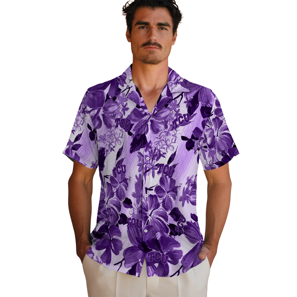 TCU Horned Frogs Hawaiian Shirt - Hibiscus Arrangement tcu horned frogs hibiscus arrangement purple hawaiian shirts fashion forward