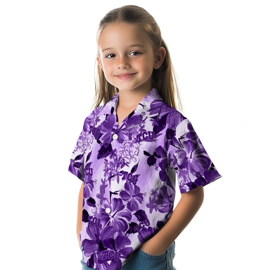 TCU Horned Frogs Hawaiian Shirt - Hibiscus Arrangement tcu horned frogs hibiscus arrangement purple hawaiian shirts premium grade