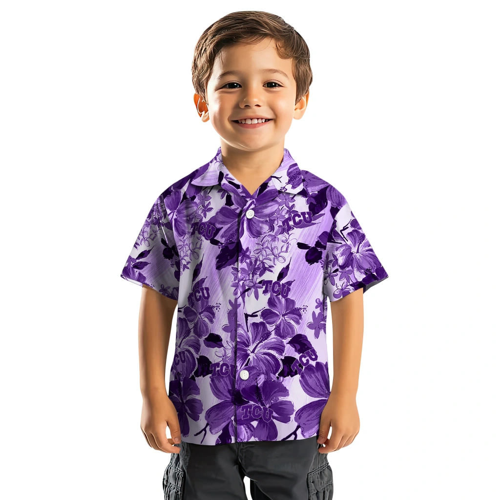 TCU Horned Frogs Hawaiian Shirt - Hibiscus Arrangement tcu horned frogs hibiscus arrangement purple hawaiian shirts top rated