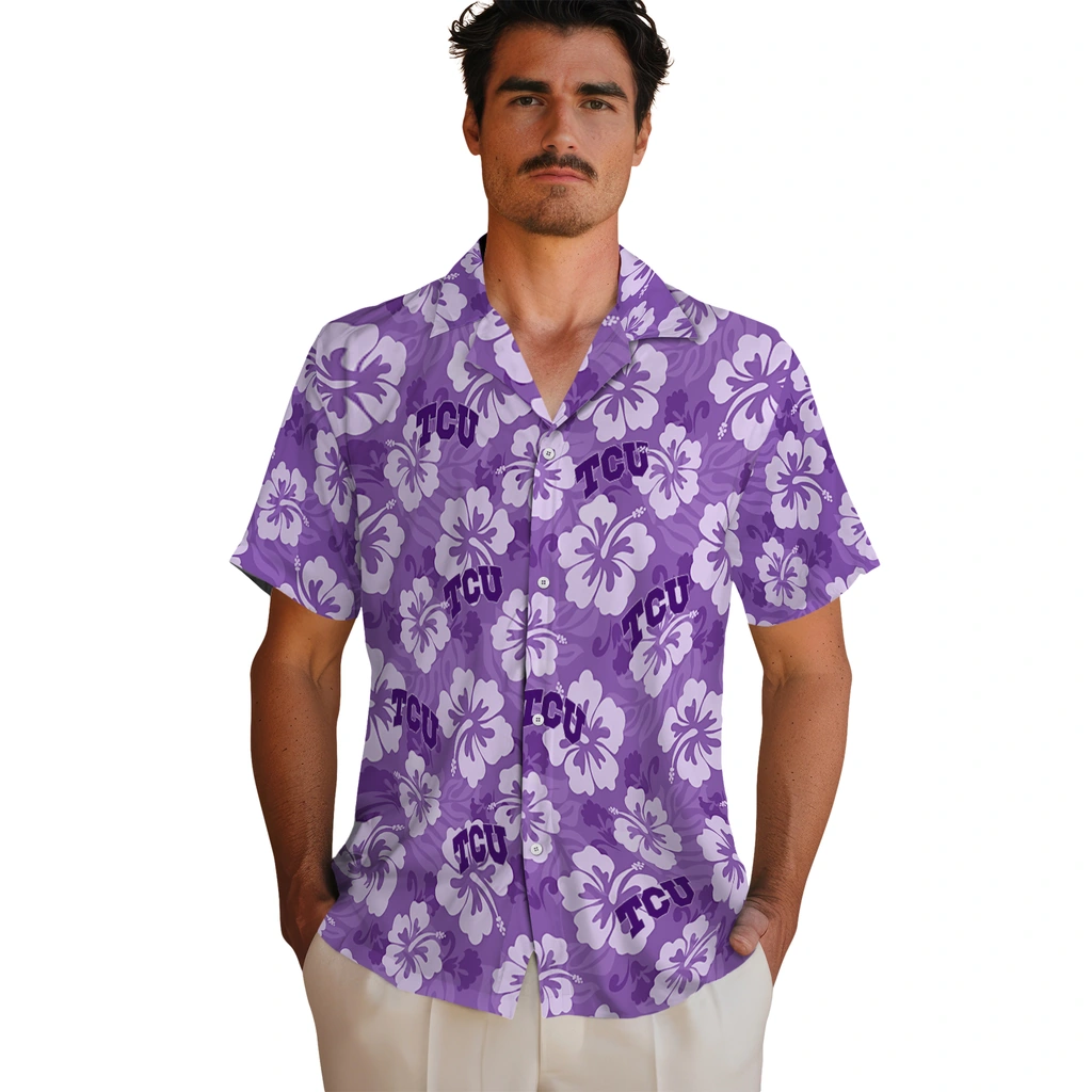 TCU Horned Frogs Hawaiian Shirt - Hibiscus Cluster tcu horned frogs hibiscus cluster purple hawaiian shirts fashion forward