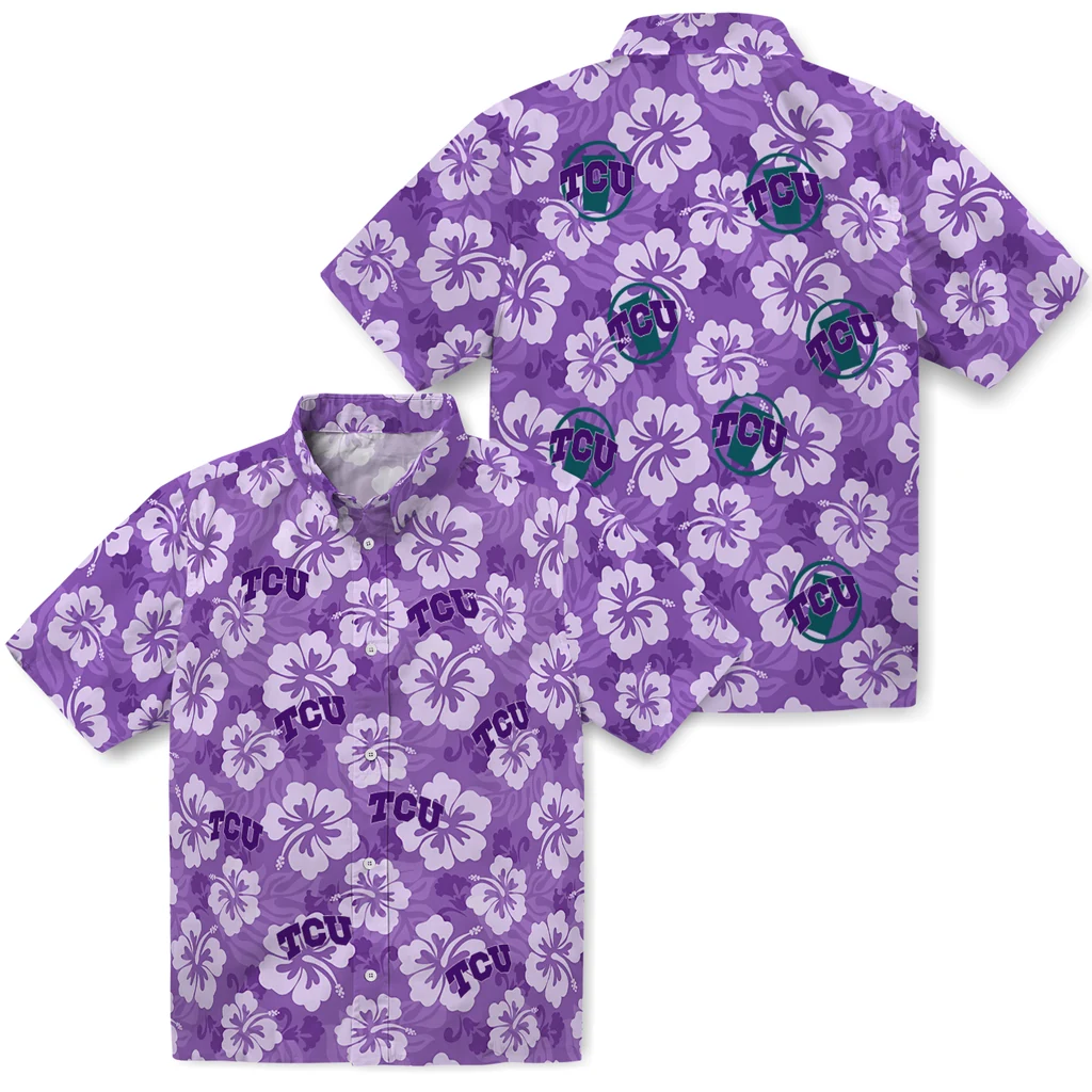 TCU Horned Frogs Hawaiian Shirt - Hibiscus Cluster tcu horned frogs hibiscus cluster purple hawaiian shirts high quality