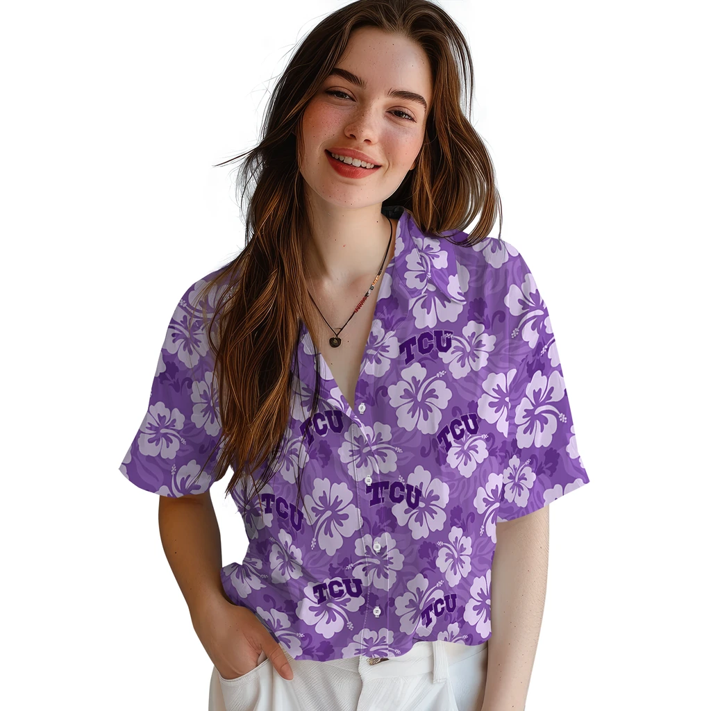 TCU Horned Frogs Hawaiian Shirt - Hibiscus Cluster tcu horned frogs hibiscus cluster purple hawaiian shirts latest model