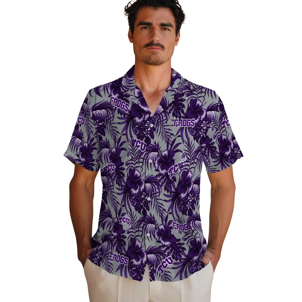 TCU Horned Frogs Hawaiian Shirt - Hibiscus Exotic tcu horned frogs hibiscus exotic purple hawaiian shirts fashion forward