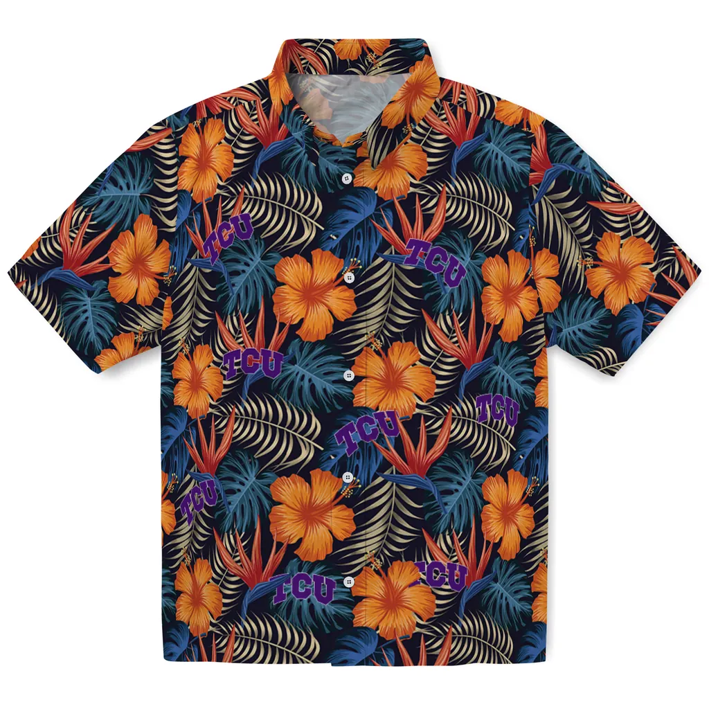 TCU Horned Frogs Hawaiian Shirt - Hibiscus Foliage tcu horned frogs hibiscus foliage hawaiian shirts best selling