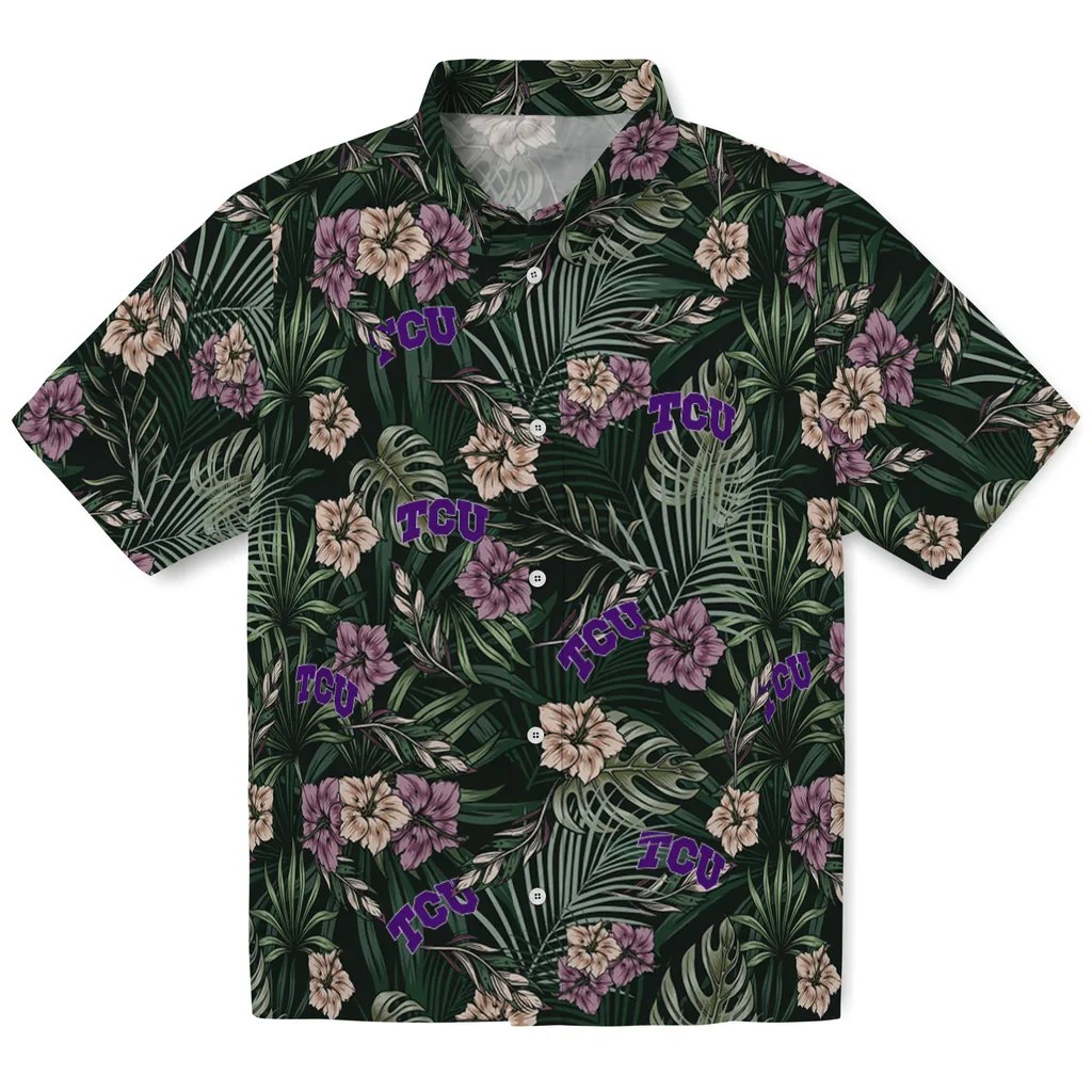 TCU Horned Frogs Hawaiian Shirt - Hibiscus Leaves Pattern tcu horned frogs hibiscus leaves pattern green hawaiian shirts best selling