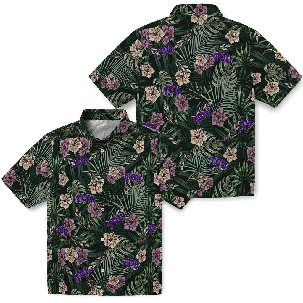 TCU Horned Frogs Hawaiian Shirt - Hibiscus Leaves Pattern tcu horned frogs hibiscus leaves pattern green hawaiian shirts high quality