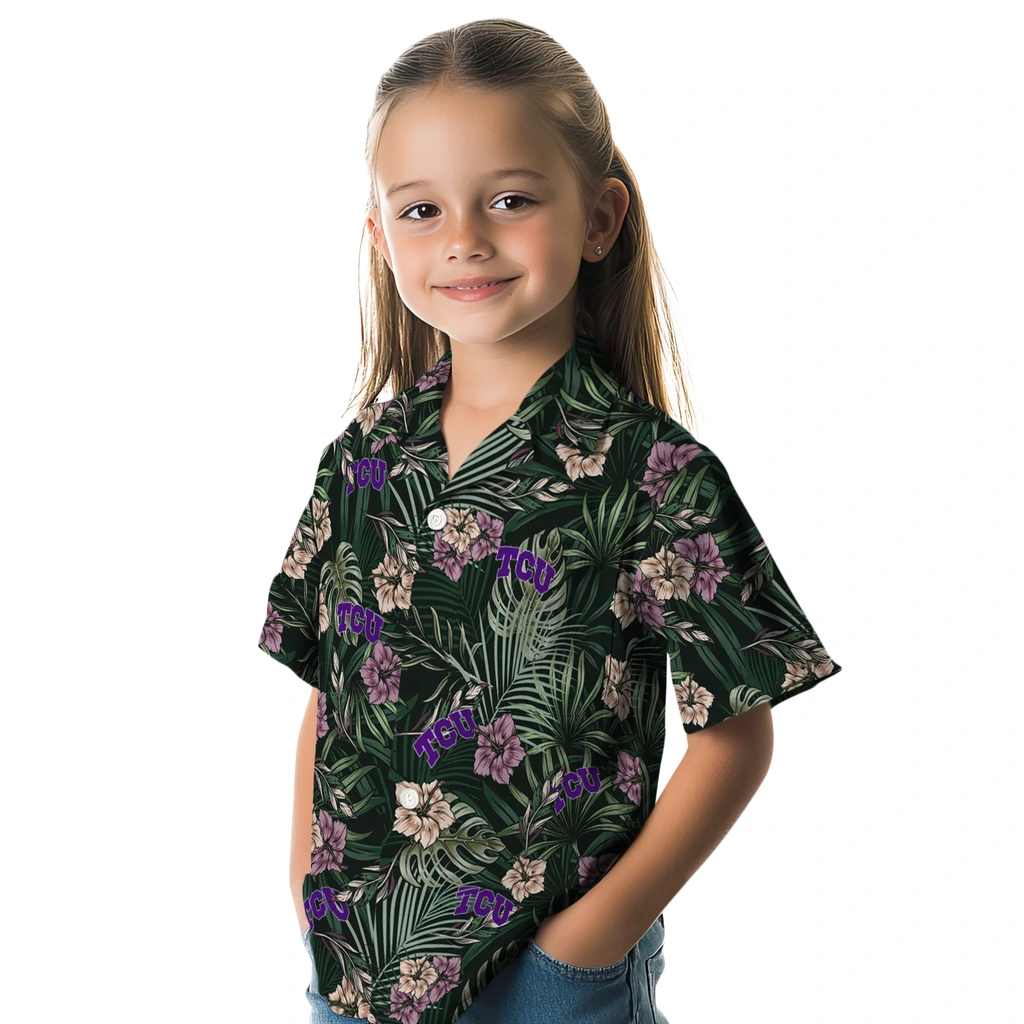 TCU Horned Frogs Hawaiian Shirt - Hibiscus Leaves Pattern tcu horned frogs hibiscus leaves pattern green hawaiian shirts premium grade