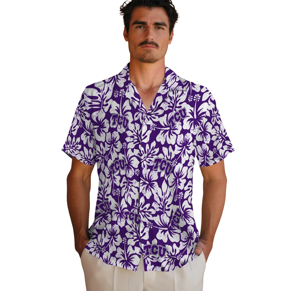 TCU Horned Frogs Hawaiian Shirt - Hibiscus Motif tcu horned frogs hibiscus motif purple white hawaiian shirts fashion forward