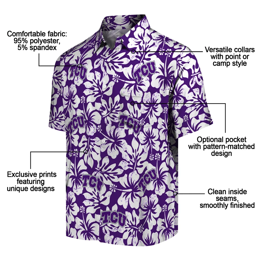 TCU Horned Frogs Hawaiian Shirt - Hibiscus Motif tcu horned frogs hibiscus motif purple white hawaiian shirts new arrival