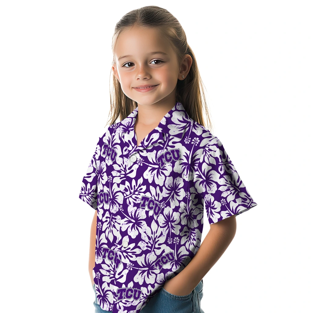 TCU Horned Frogs Hawaiian Shirt - Hibiscus Motif tcu horned frogs hibiscus motif purple white hawaiian shirts premium grade