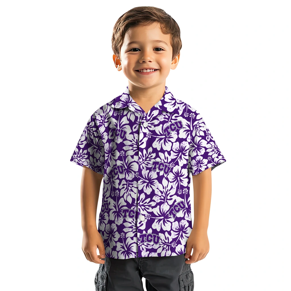 TCU Horned Frogs Hawaiian Shirt - Hibiscus Motif tcu horned frogs hibiscus motif purple white hawaiian shirts top rated