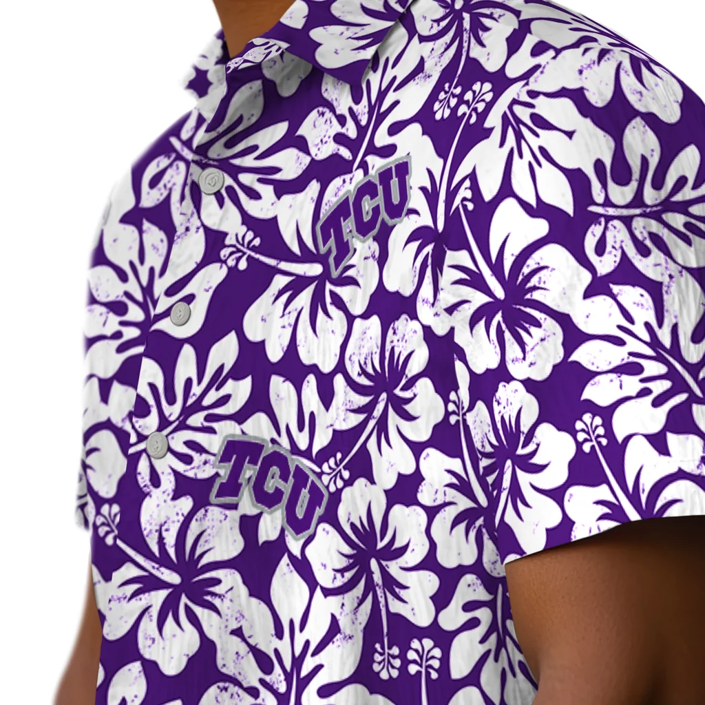 TCU Horned Frogs Hawaiian Shirt - Hibiscus Motif tcu horned frogs hibiscus motif purple white hawaiian shirts trendy