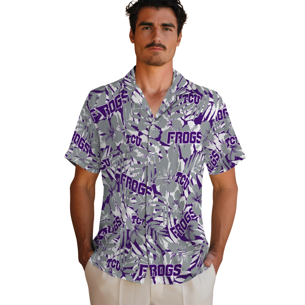 TCU Horned Frogs Hawaiian Shirt - Hibiscus Overlay tcu horned frogs hibiscus overlay hawaiian shirts fashion forward